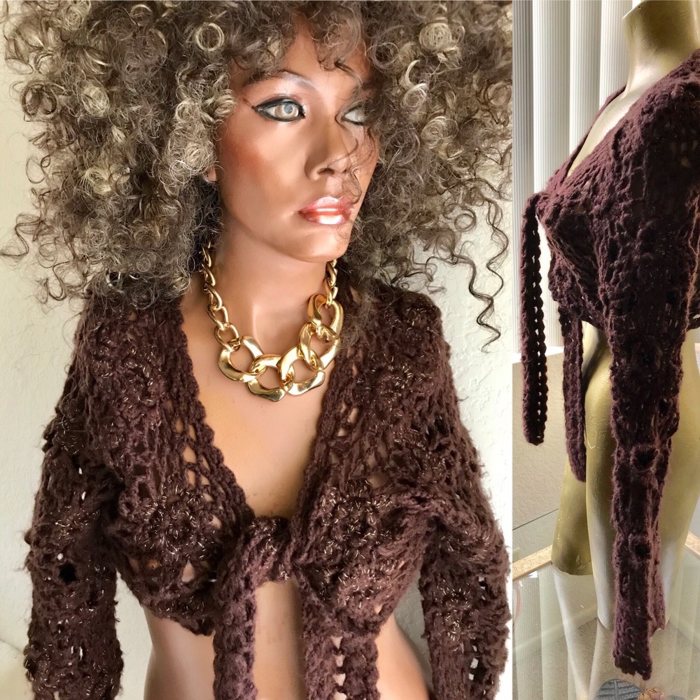 Cropped Loose Knit Brown & Gold Tie-Front SWEATER
